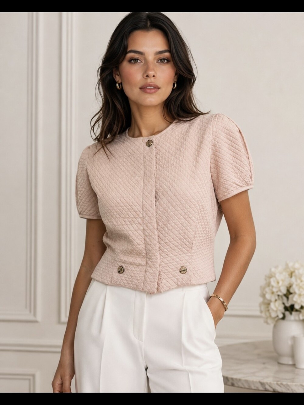 Vintage Blush Pink Quilted Cropped Top Textured Puff Sleeve Button Front Blouse